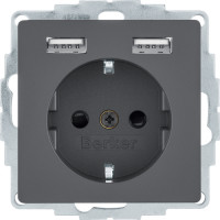 Розетка с з/к, 16А/250В + 2хUSB/2.4A, А-А, цвет антрацит, бархатный лак, Q.х Berker 48036086