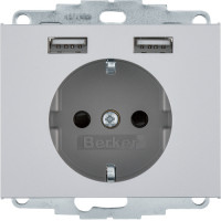 Розетка c з/к 16А/250В + 2хUSB/2.4A, А-А, цвет алюминий, металл, матовый, K.5 Berker 48037003
